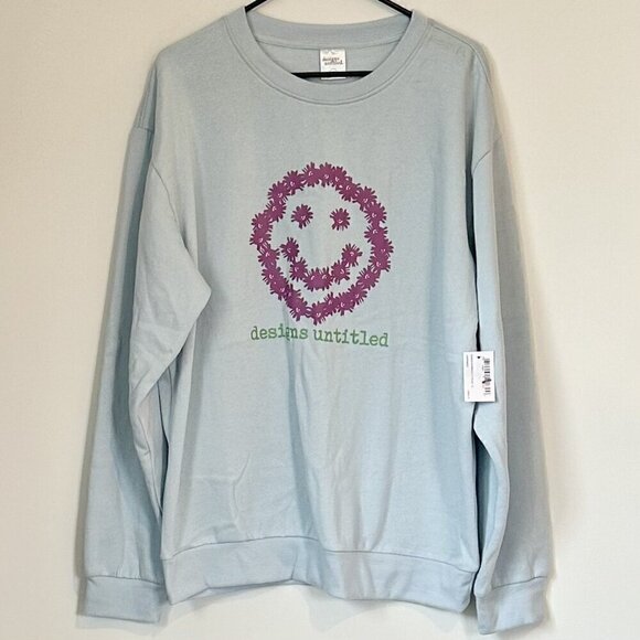 Designs Untitled Sweaters - NWT Designs Untitled Sweatshirt Blue Pink Flower Smiley Face - Size XL